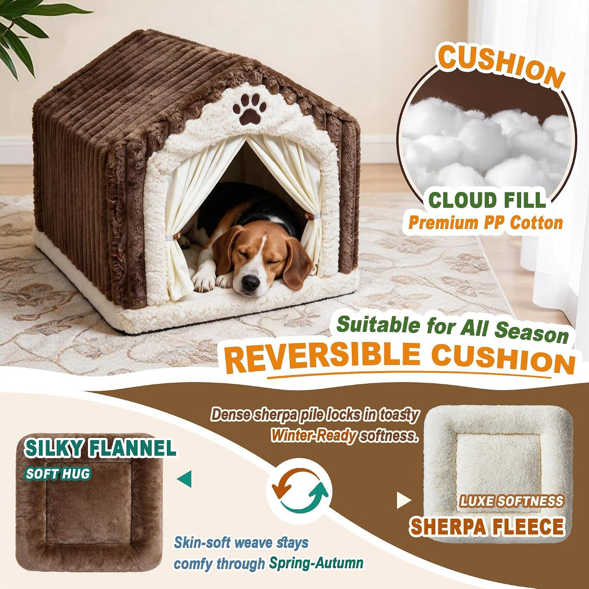 luxury dog house indoor, warm double-layer dog cave shown in use
