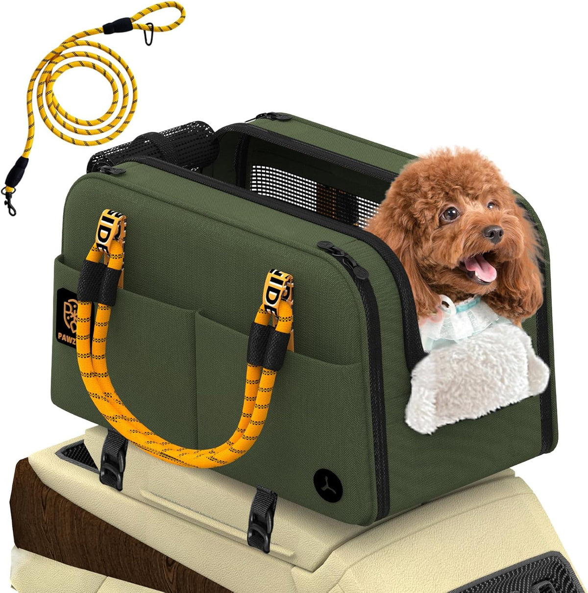 pawzidea center console dog car seat, secure straps, main product view