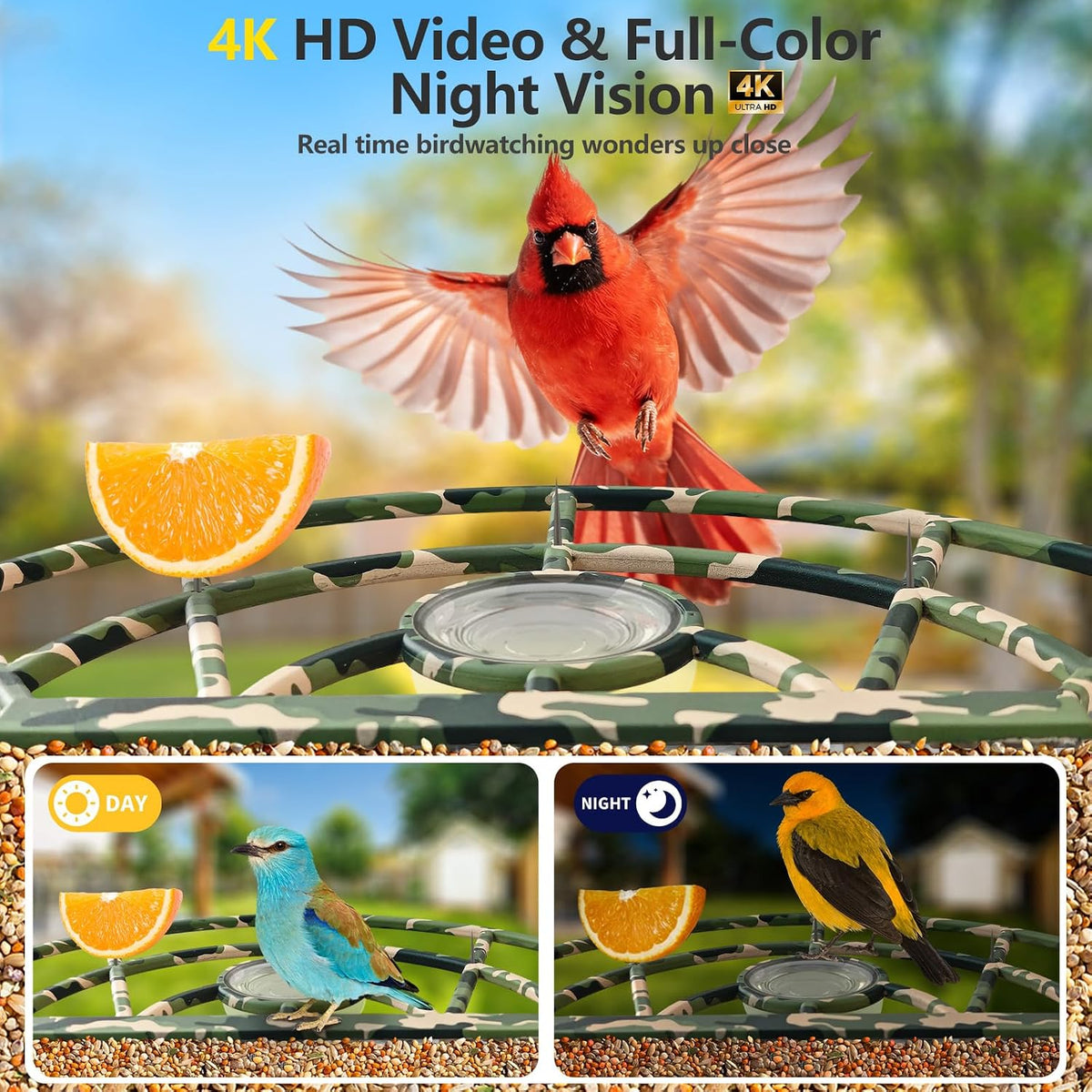 smart bird feeder camera, 4k solar, ai id, side view