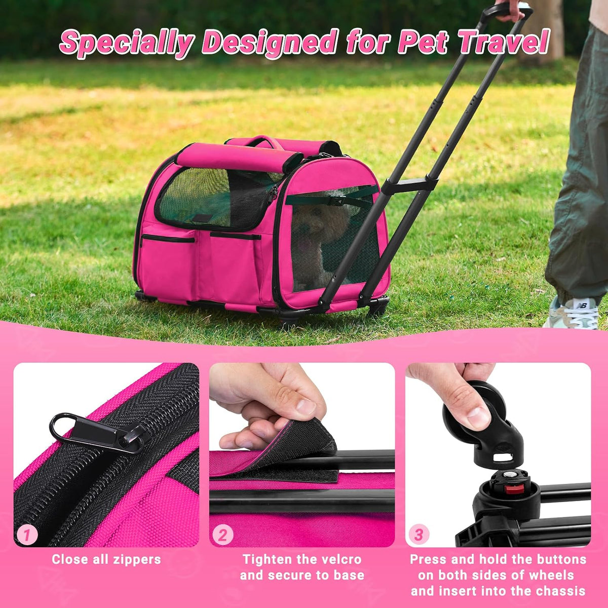 large pet carrier with wheels, foldable rolling dog, side view