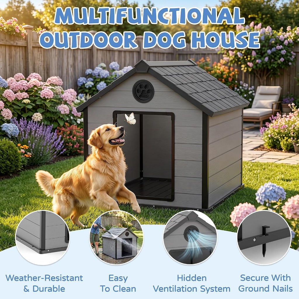 57" large dog house outdoor,premium wood-grain resin doghouse,black, side view