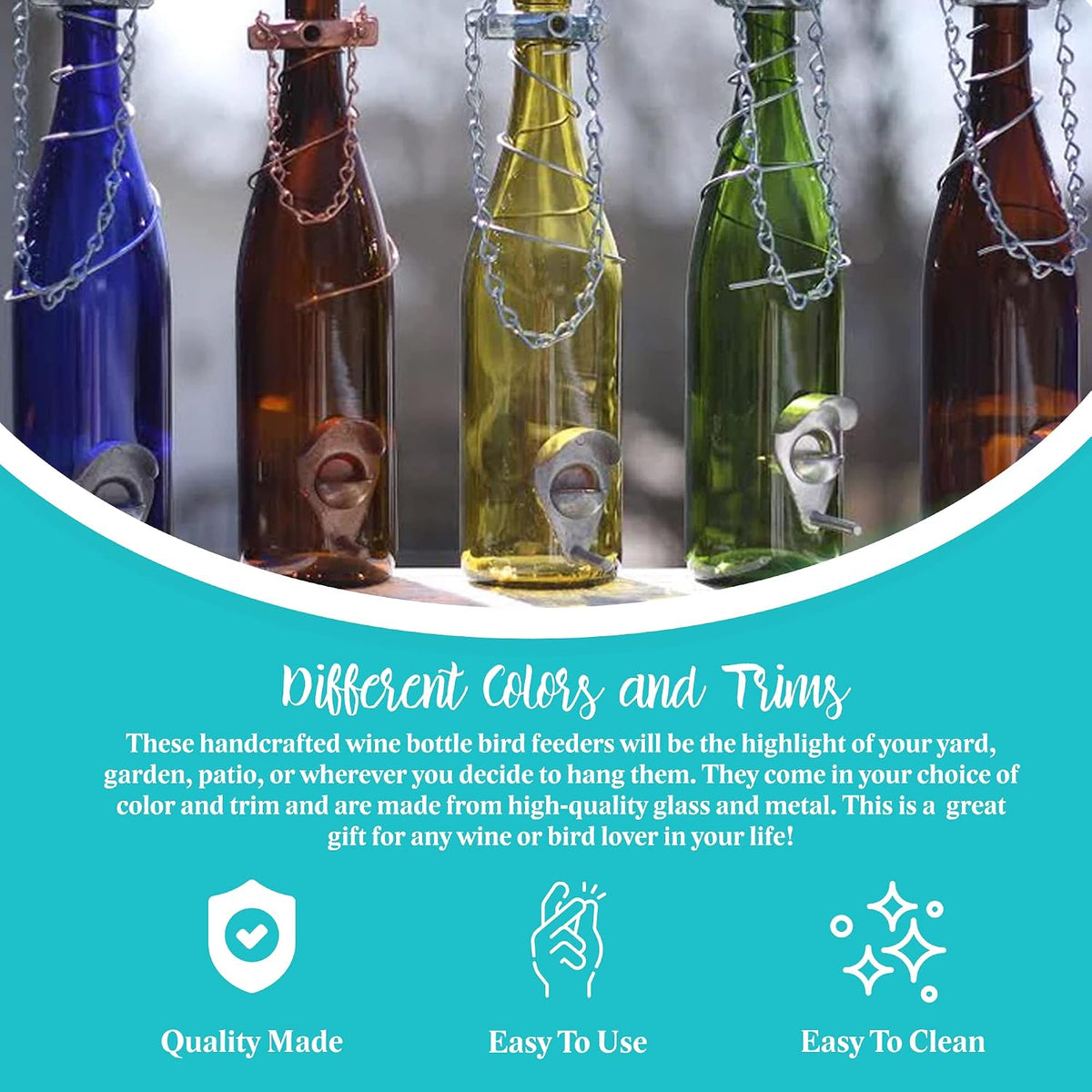 blue ridge mountain wine bottle bird feeders, backyard, close-up detail