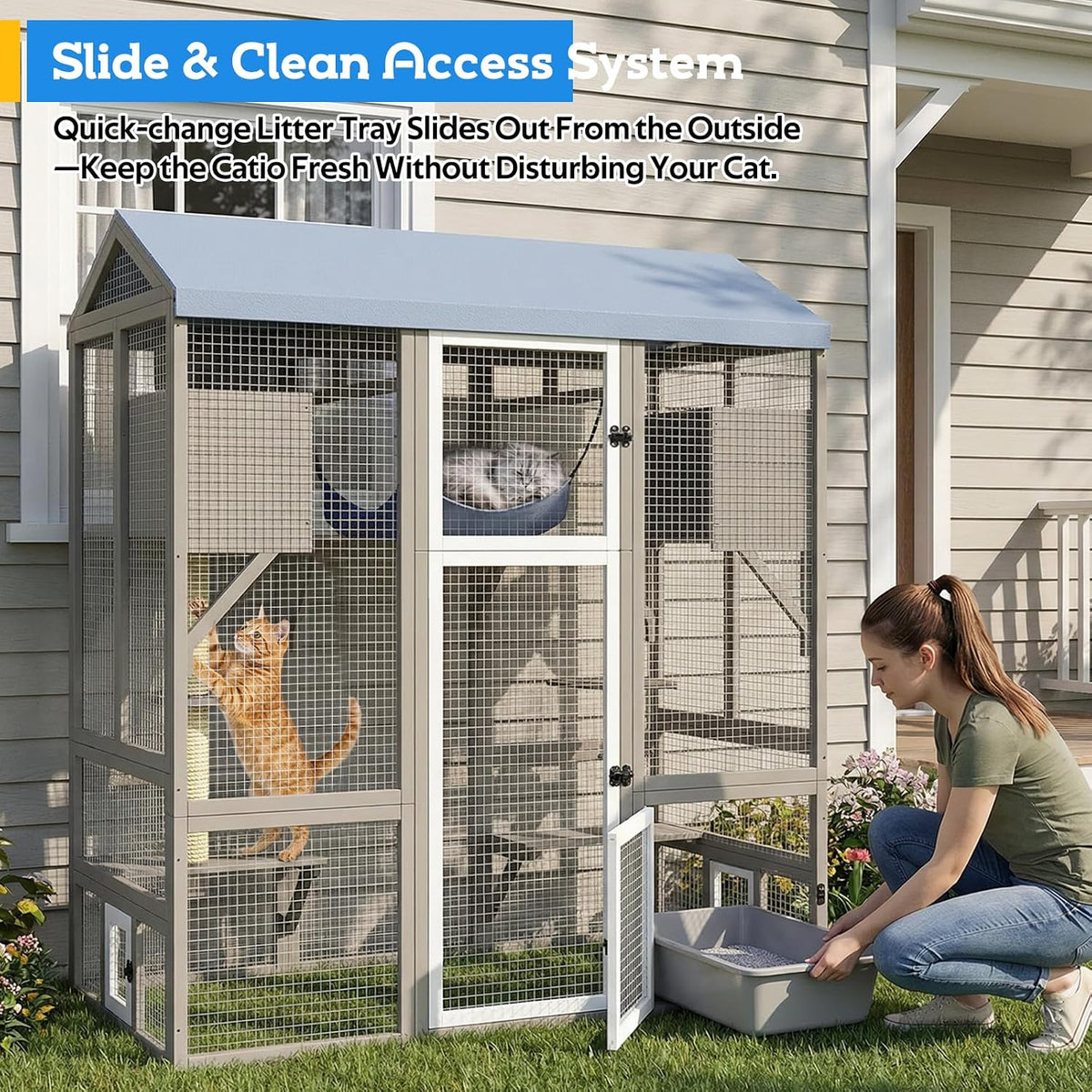 large walk-in catio outdoor cat enclosure with window shown in use