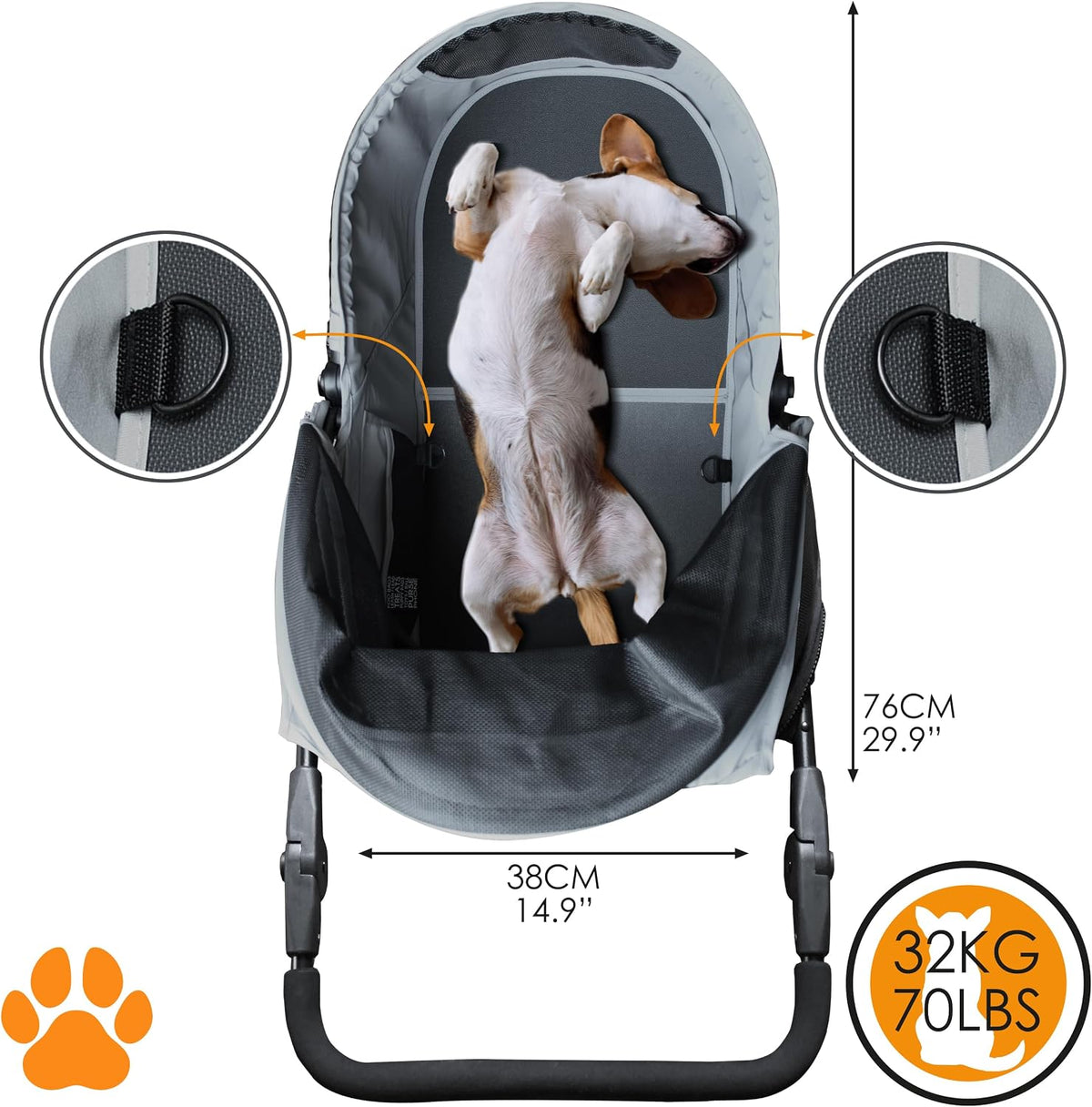 cooper dog & pet robust buggy, jogger holds, close-up detail