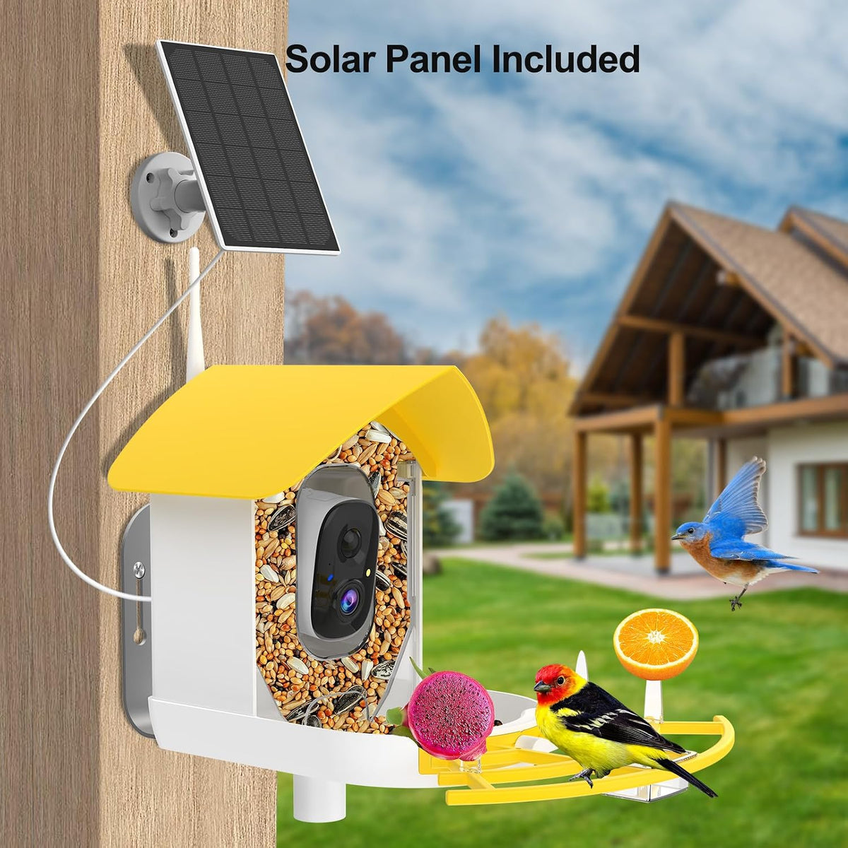 fazoxo bird feeder with camera,birds house camera,solar powered,yellow, close-up detail