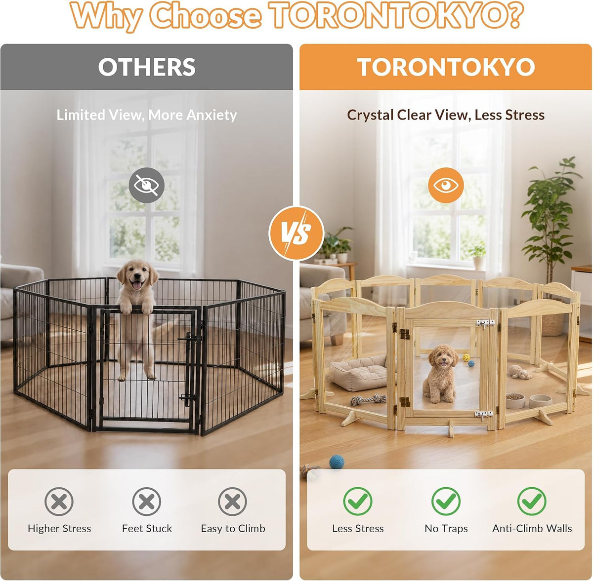 torontokyo wooden dog playpen, 2-panel foldable dog fence, side view