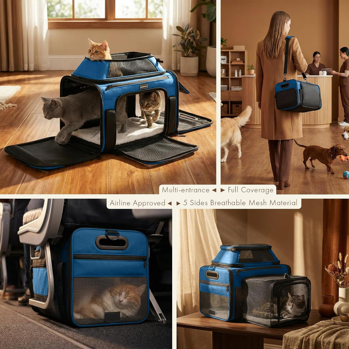 top-side expandable pet carrier, treat window,17x11x9.5 airline approved showing dimensions