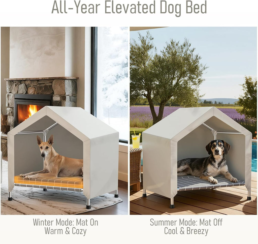 elevated dog house with cushion, stainless steel dog, close-up detail