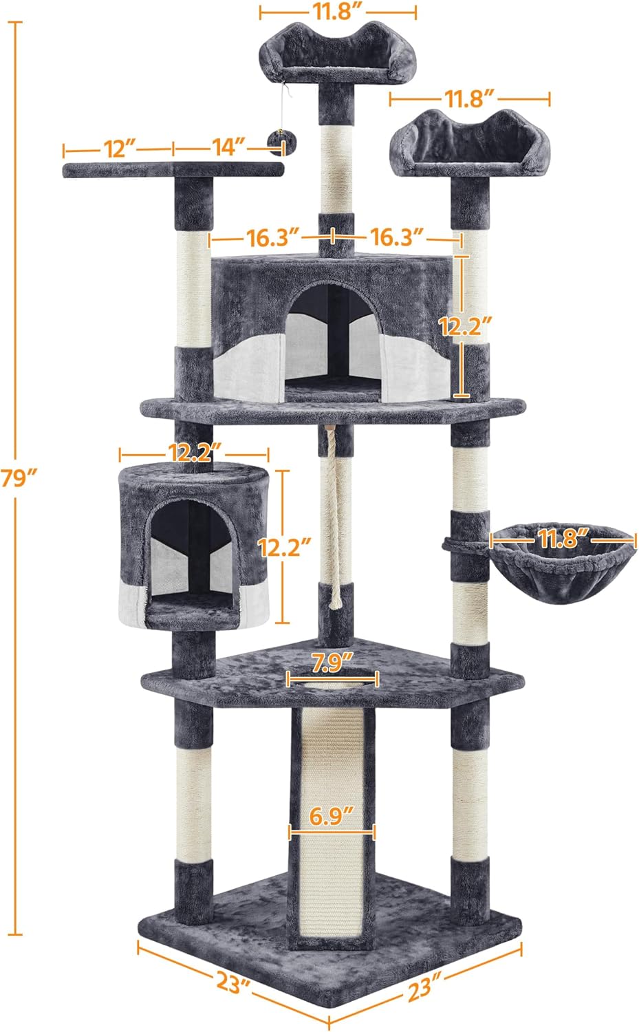 yaheetech 79in multi-level tall cat tree for multiple, side view
