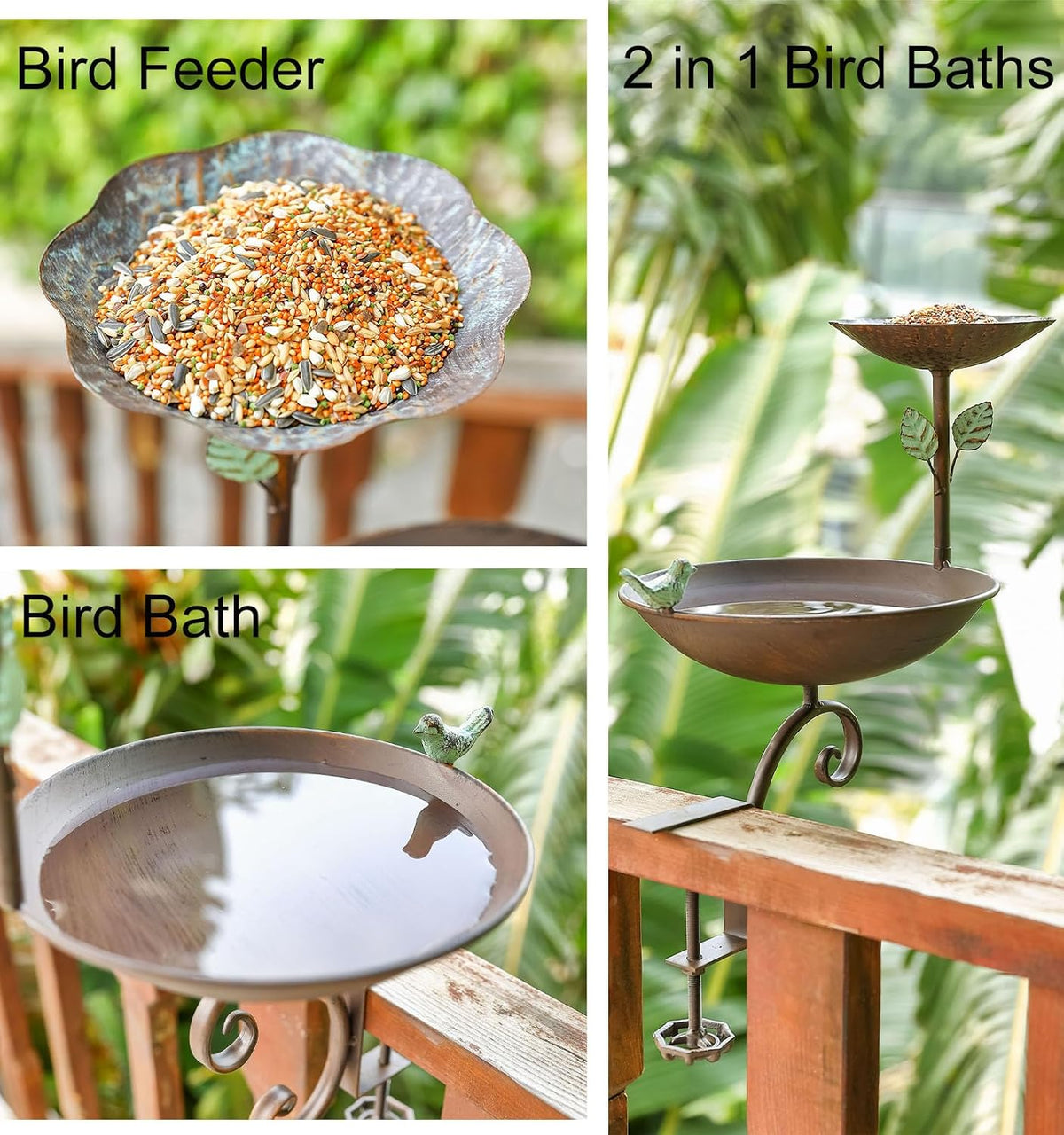 bird bath for deck railing, balcony bird feeder, side view