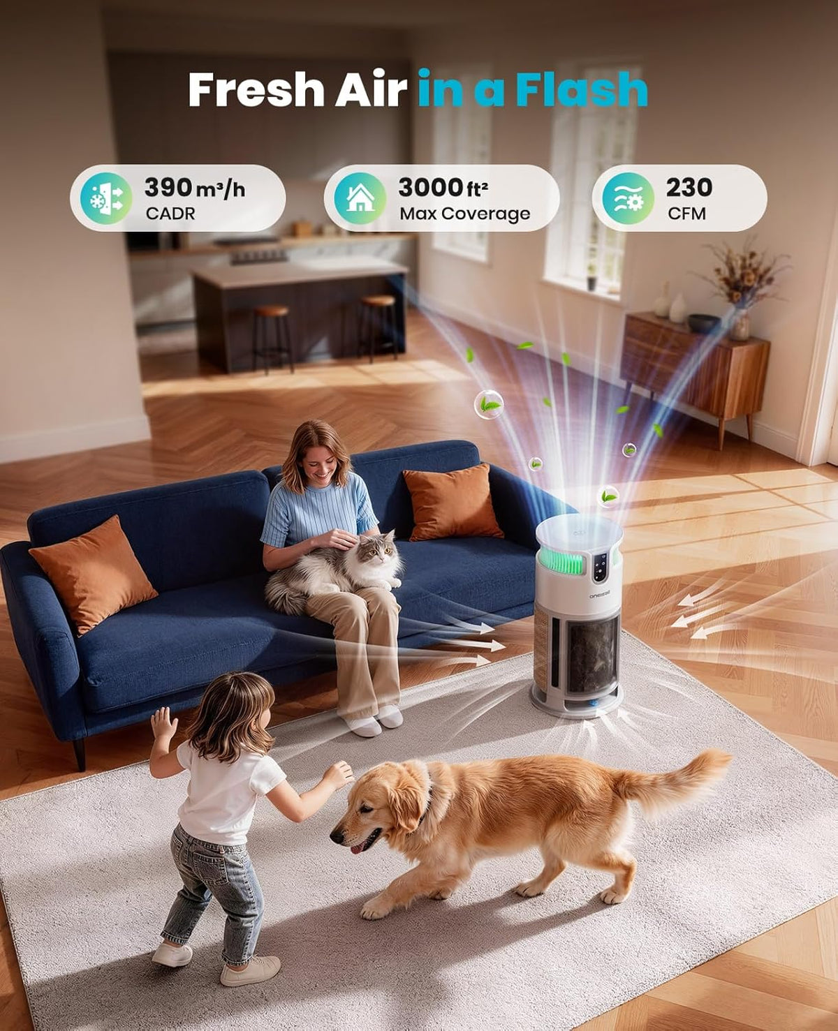 oneisall pet cat hepa air purifier for home shown in use