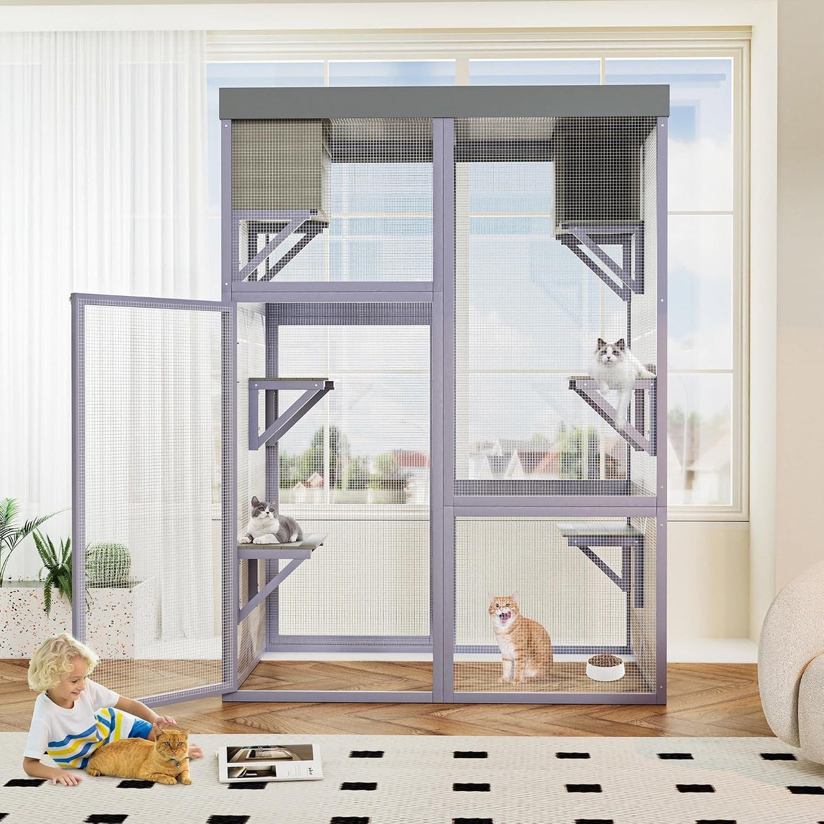 yopto outdoor cat house,70" catio outdoor cat enclosure shown in use