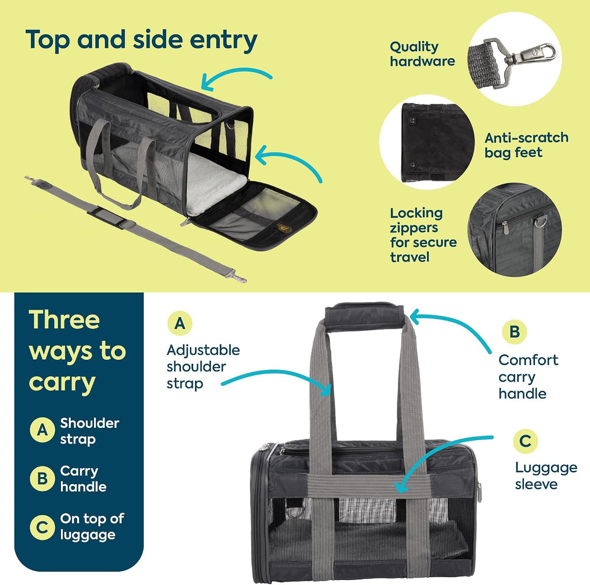 sherpa original deluxe travel pet carrier, airline approved, side view