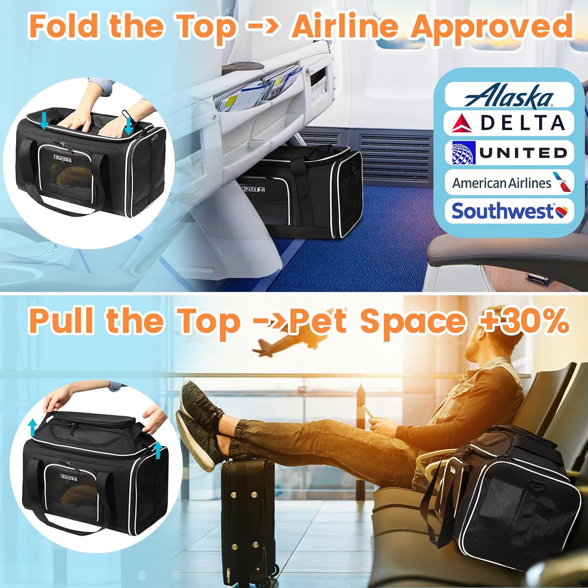 petskd top-expandable small pet carrier 17"x11"x9.5" airline approved shown in use