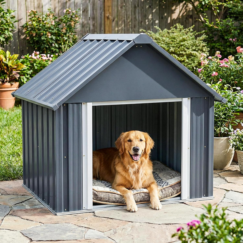 38 x 35 inch metal dog house, indoor, close-up detail