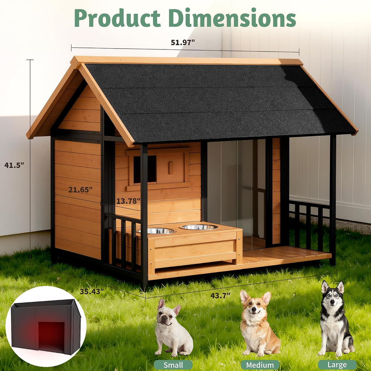 large dog house with porch & dog bowls shown in use