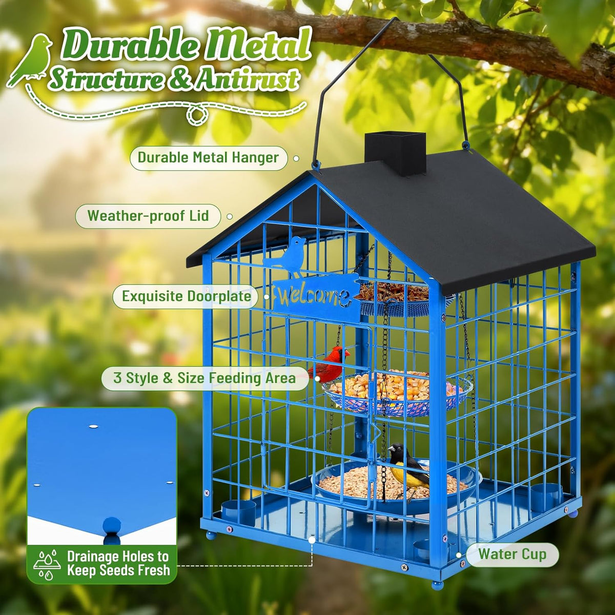 bird feeders for bluebirds, metal huge caged squirrel-proof, close-up detail