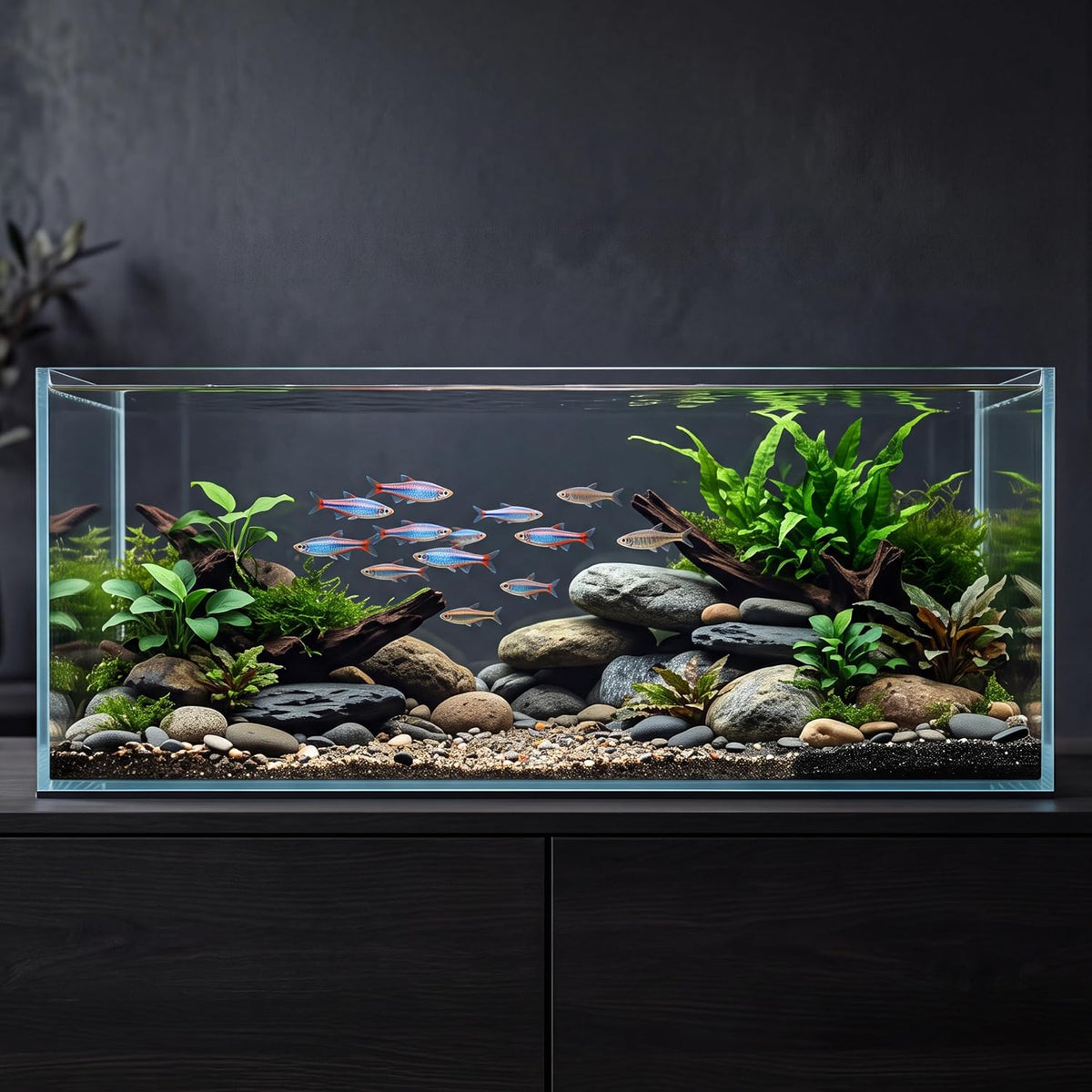 11.9 gallon rimless low‑profile aquarium, long shallow rimless shown in use