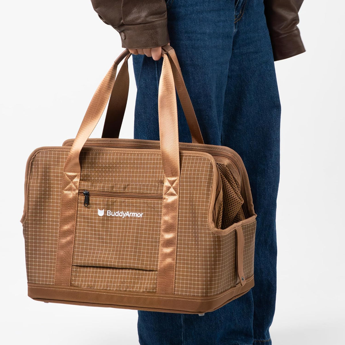 secure cat bag carrier soft-sided nylon breathable mesh, side view