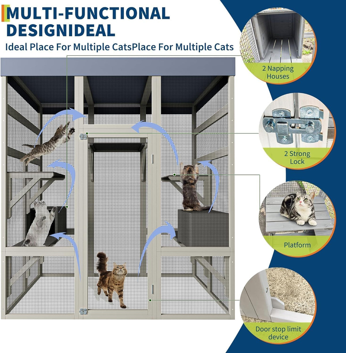 70" large outdoor catio cat enclosure, wood cat, side view