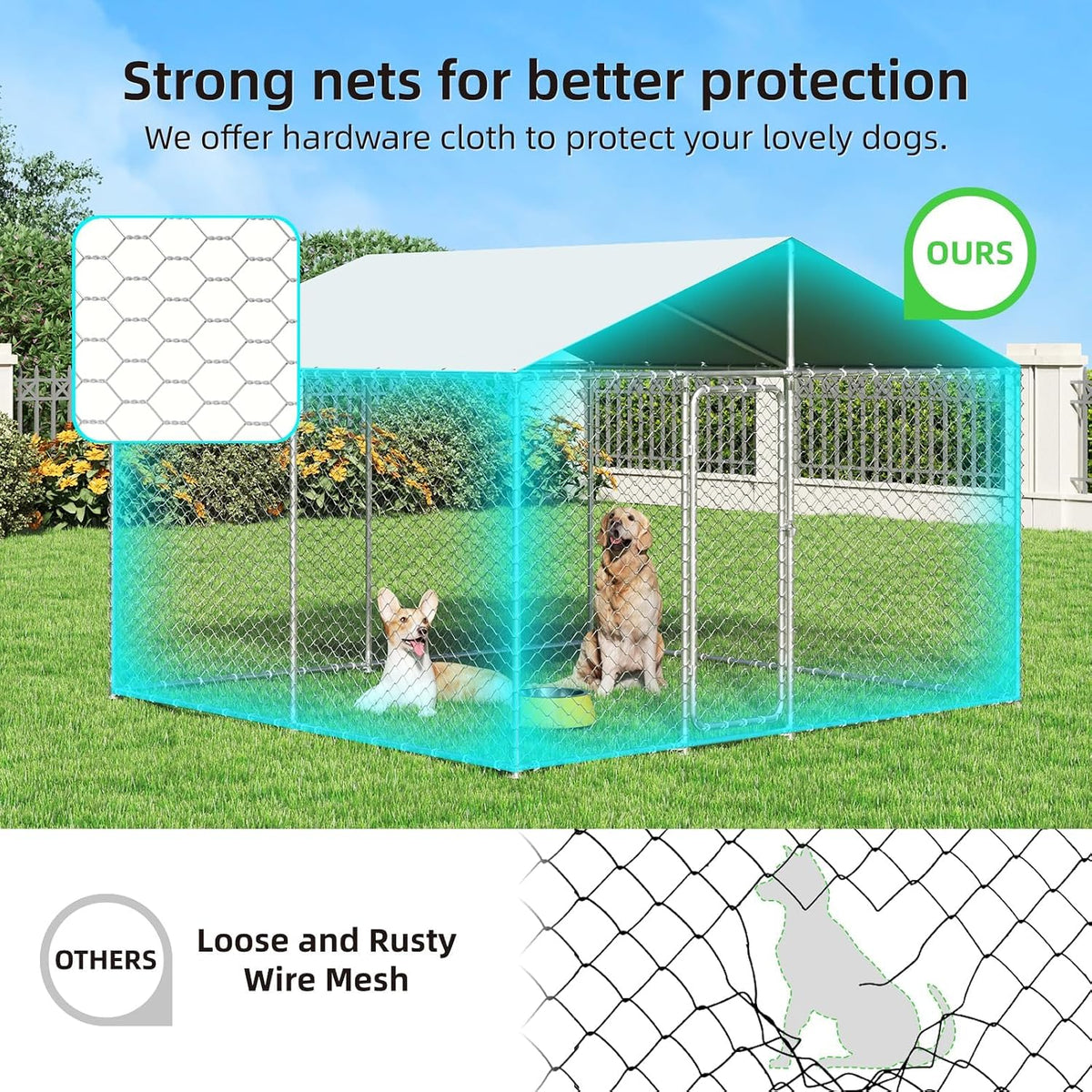 10'x10' outdoor dog kennel, heavy duty dog pens, close-up detail