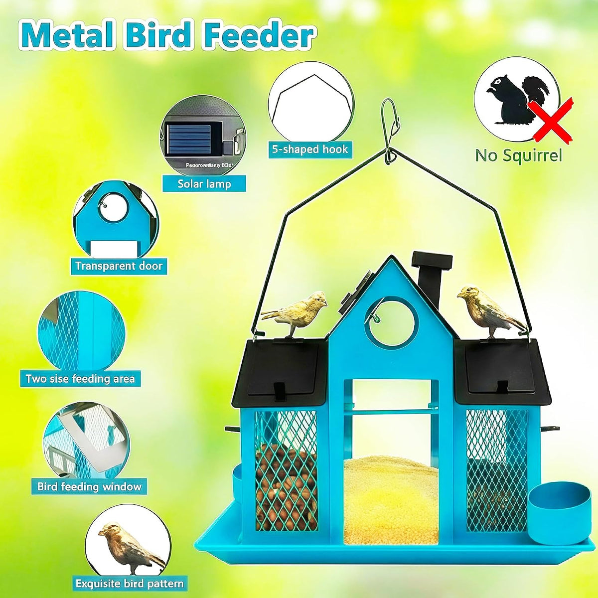 solar bird feeders house for outside hanging, metal, close-up detail