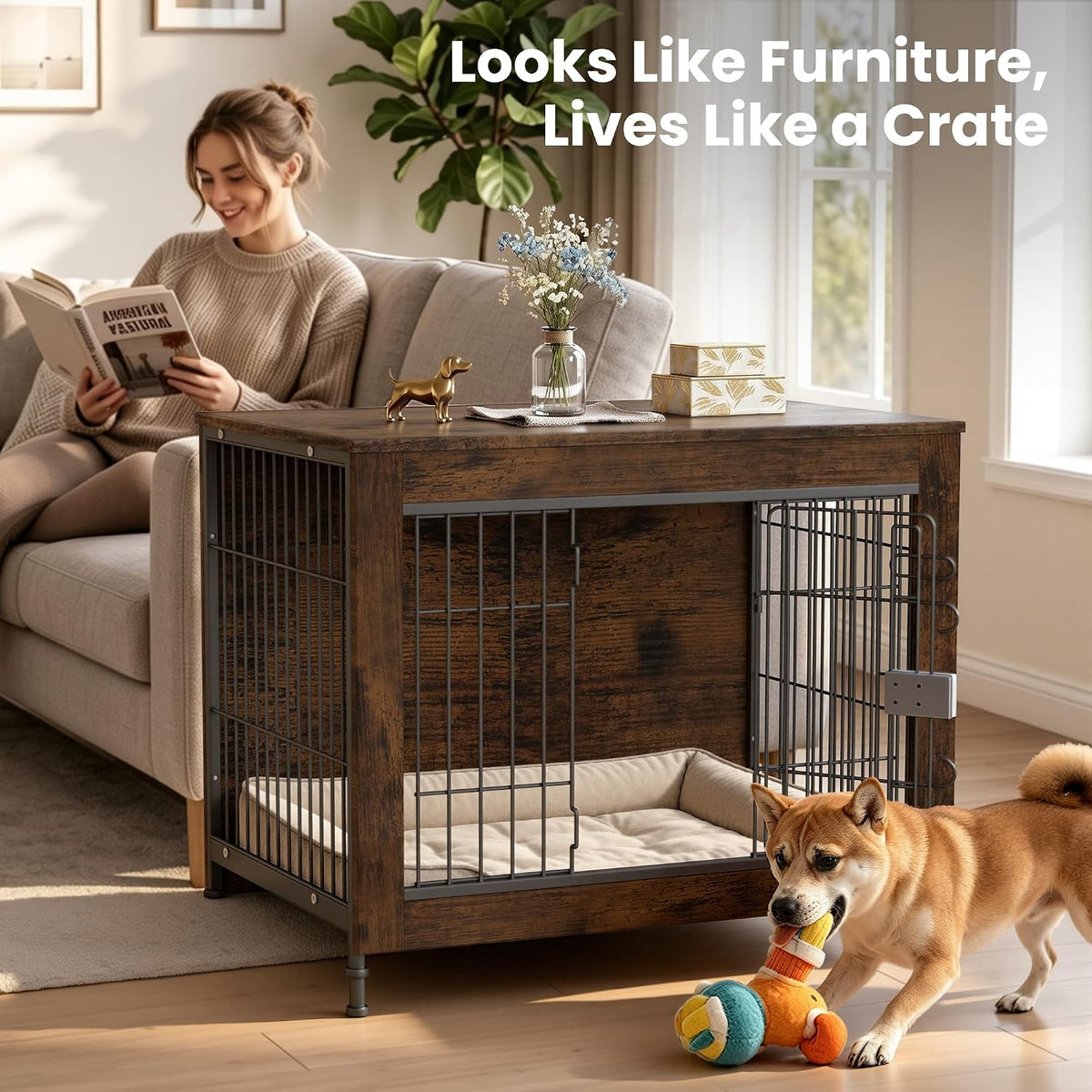 wooden dog crate furniture 32" for high anxiety shown in use
