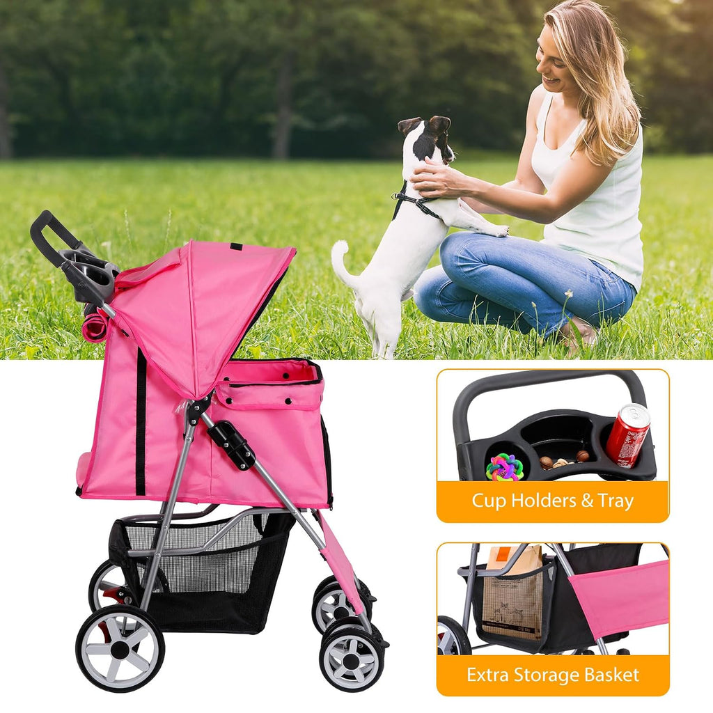4 wheels dog stroller folding pet strolling cart shown in use