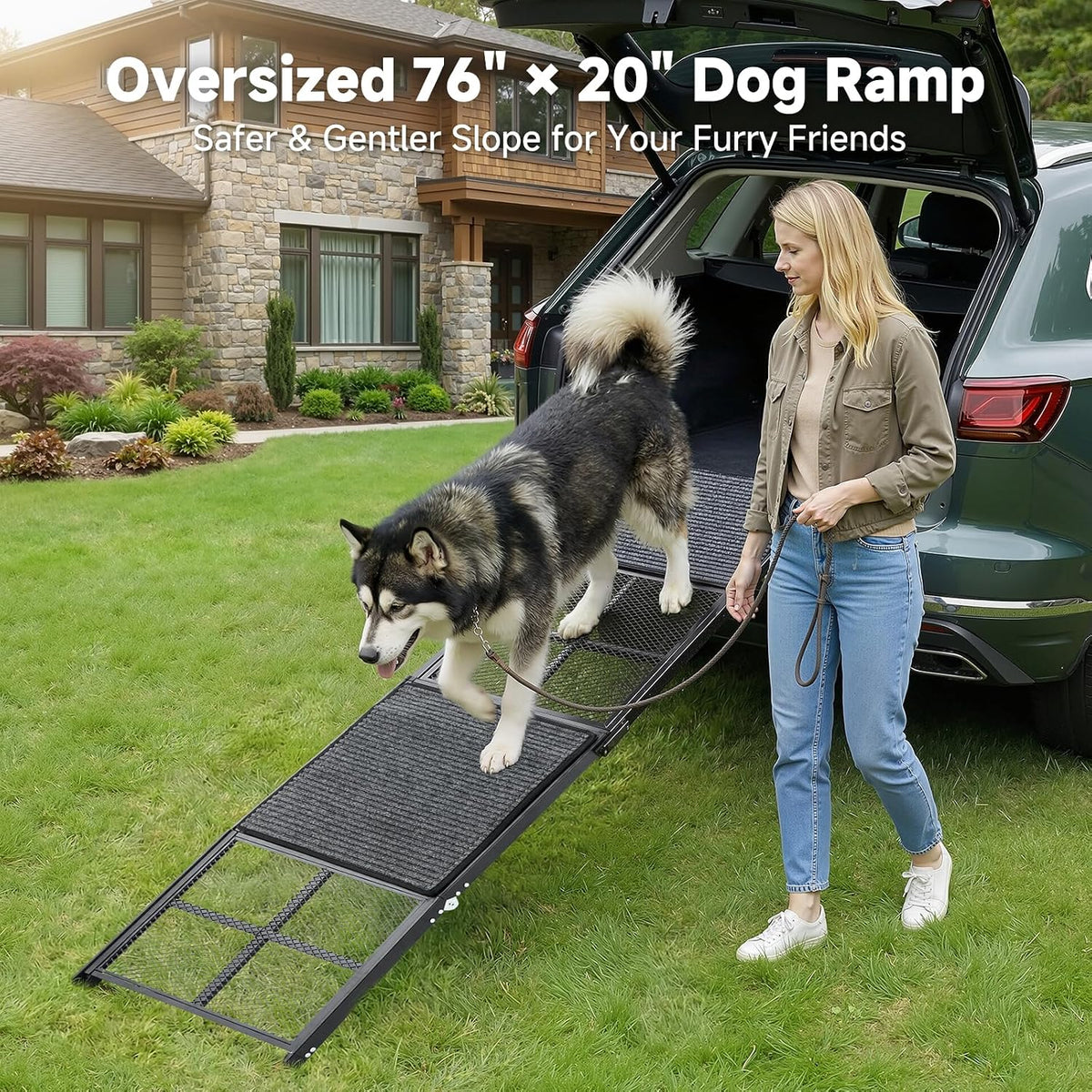 dog ramp for car, 76" x 20" extra shown in use