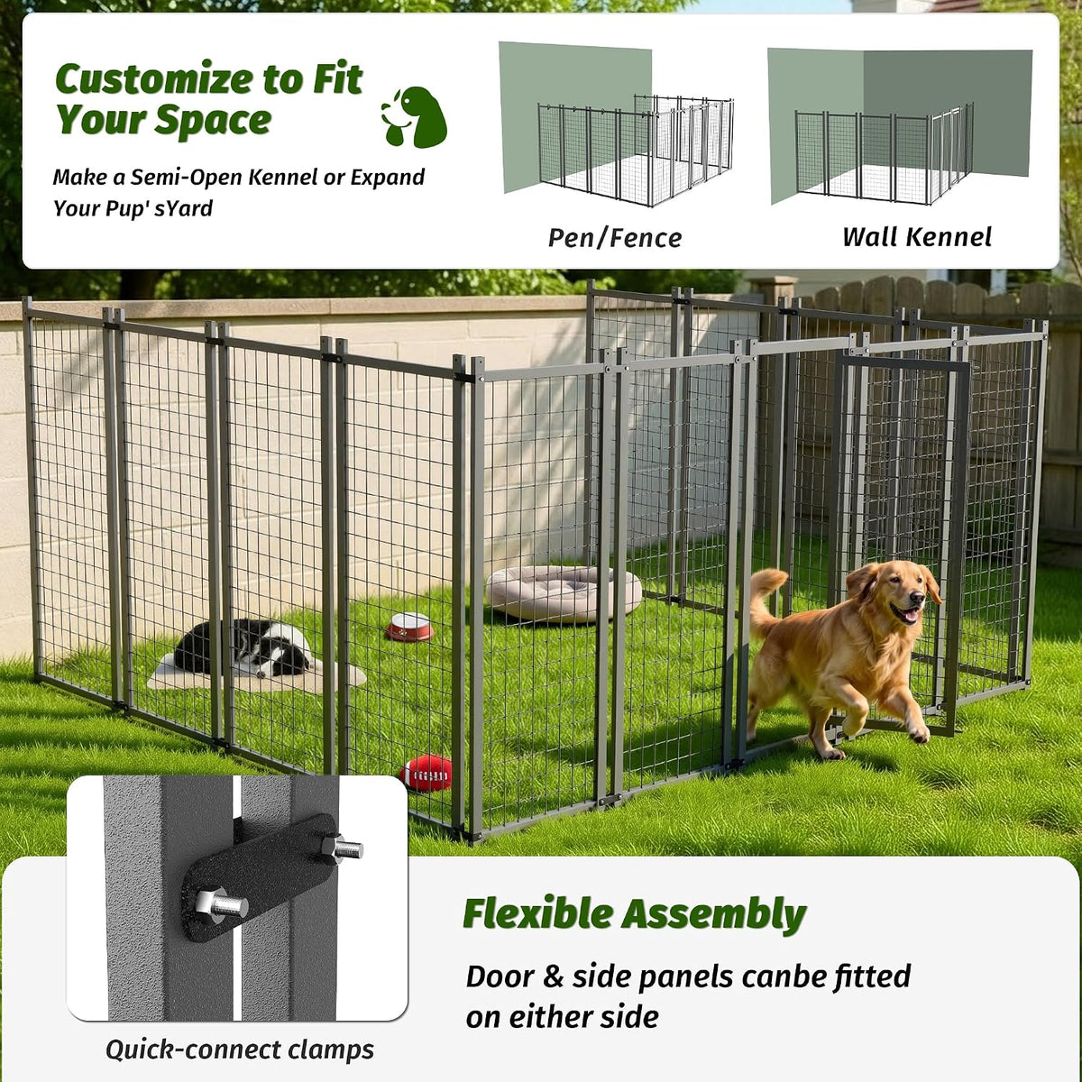 10x10 ft outdoor dog kennel for 2 areas, side view