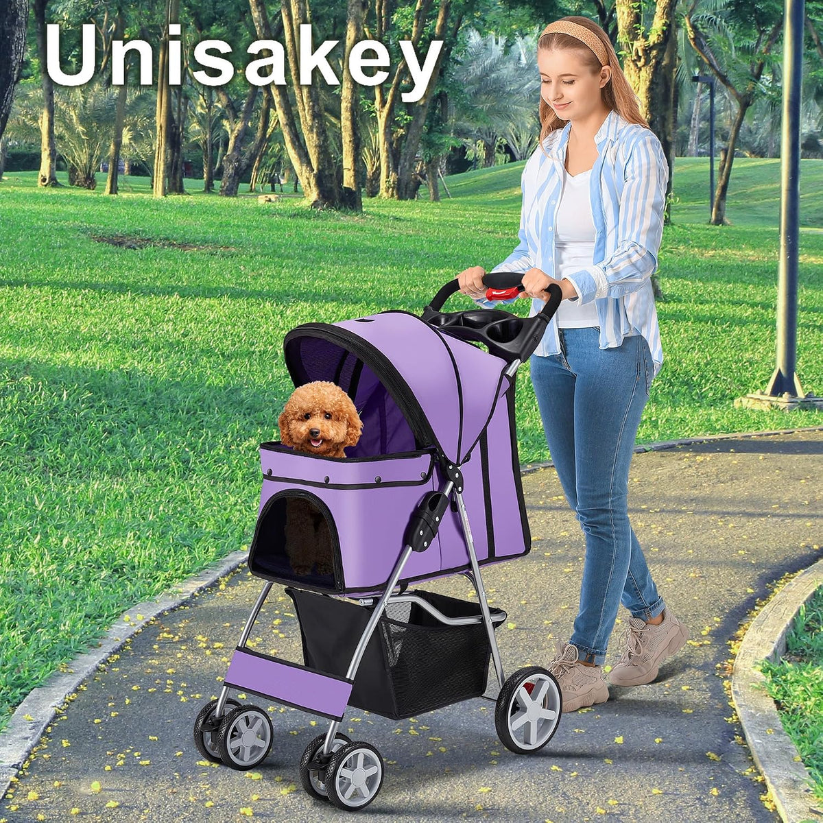 unisakey foldable 4-wheel pet stroller for dogs cats shown in use
