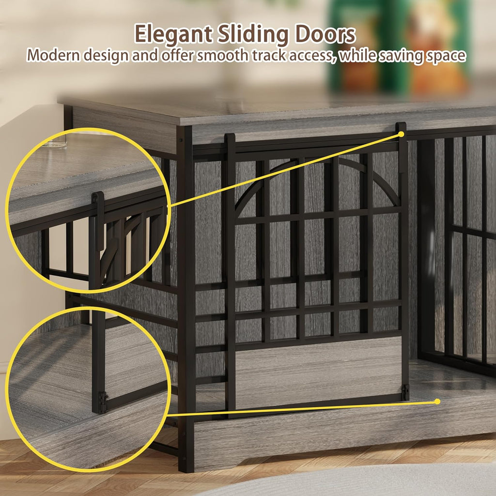 cozpaw 78" double dog crate with divider, grey, side view