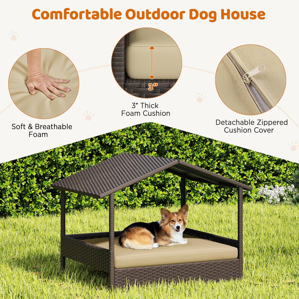 yaheetech wicker dog house outdoor indoor with canopy showing dimensions