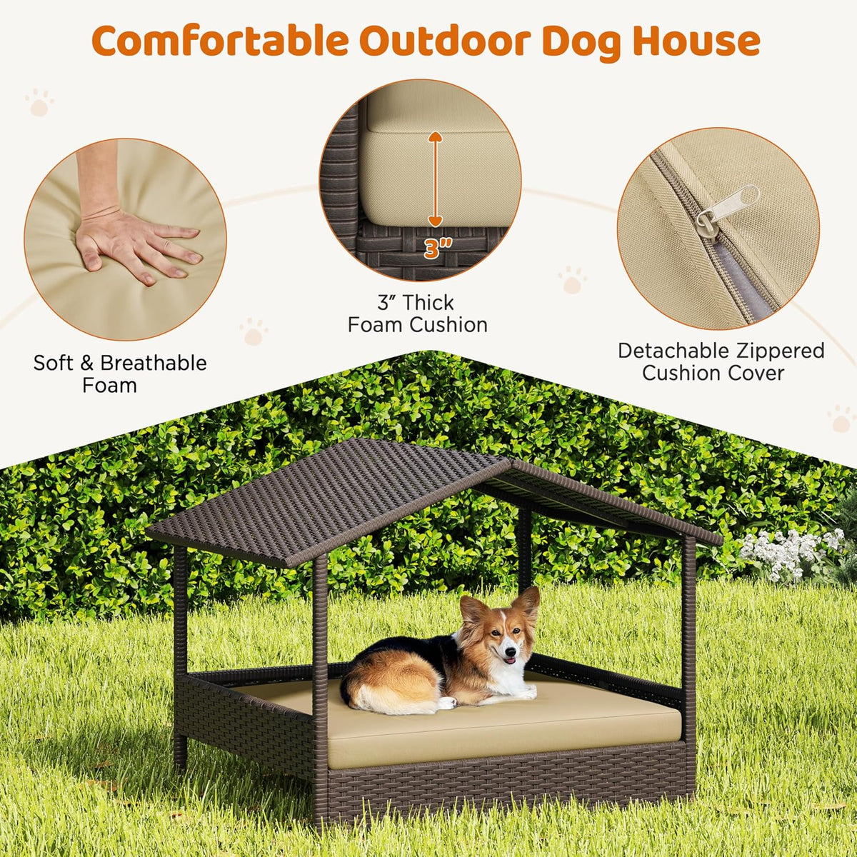 yaheetech wicker dog house outdoor indoor with canopy showing dimensions