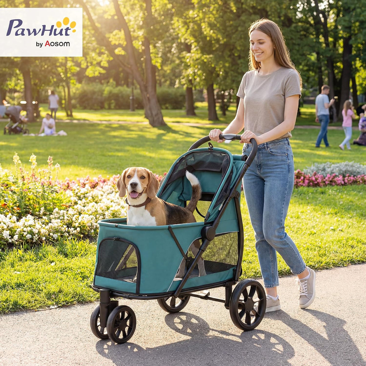 pawhut 3 wheel pet stroller for medium dogs shown in use