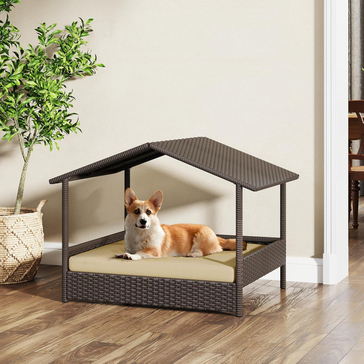 yaheetech wicker dog house outdoor indoor with canopy, side view