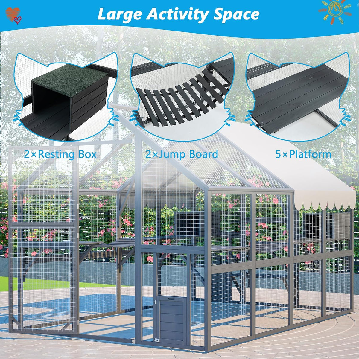 74" large wooden outdoor cat catio enclosure, 6×9ft showing dimensions