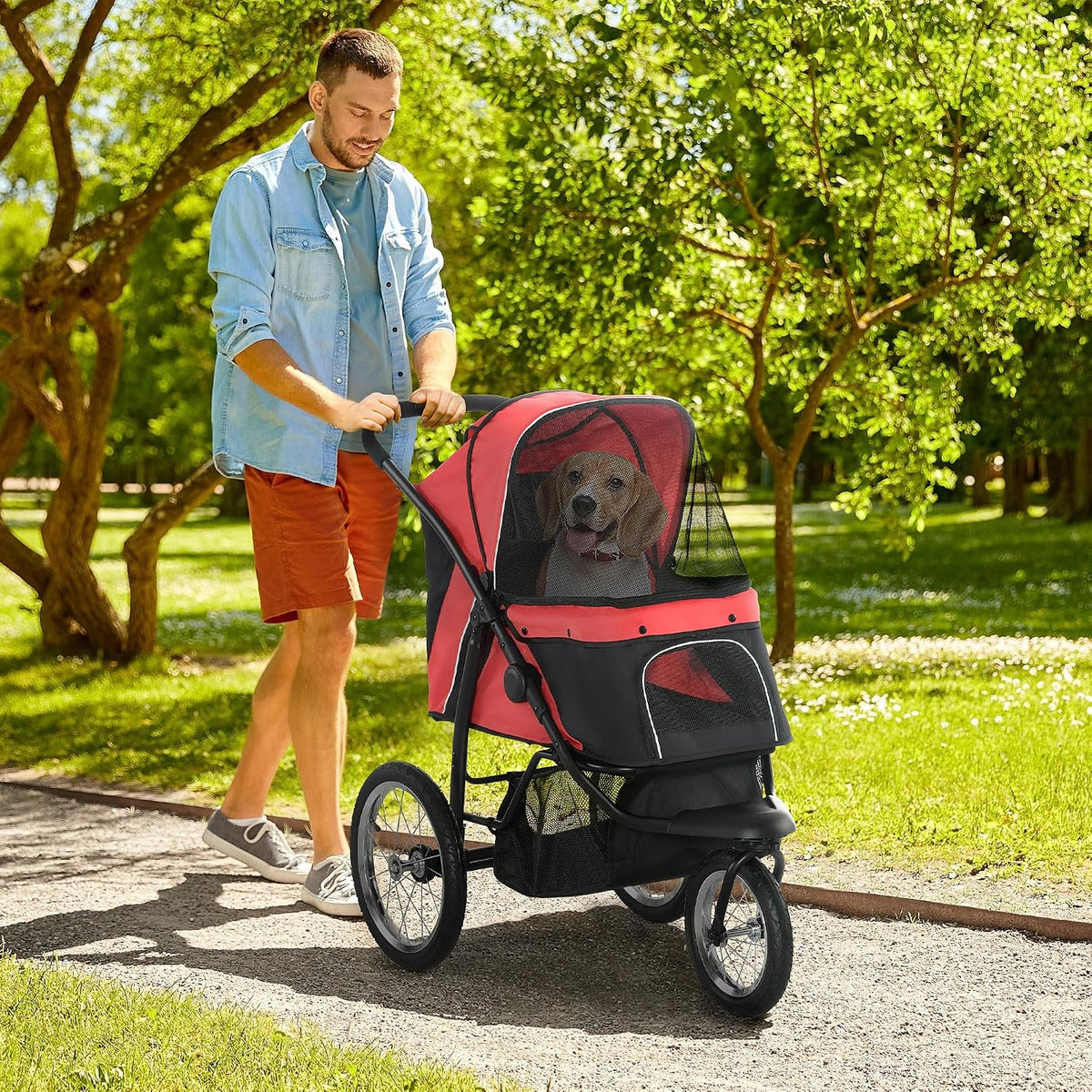 pawhut 3 wheels pet stroller for small and shown in use