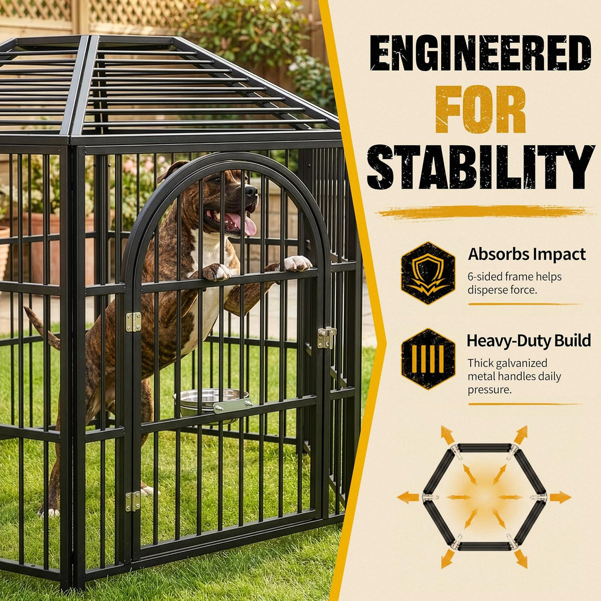 heavy duty outdoor dog crate with waterproof roof shown in use