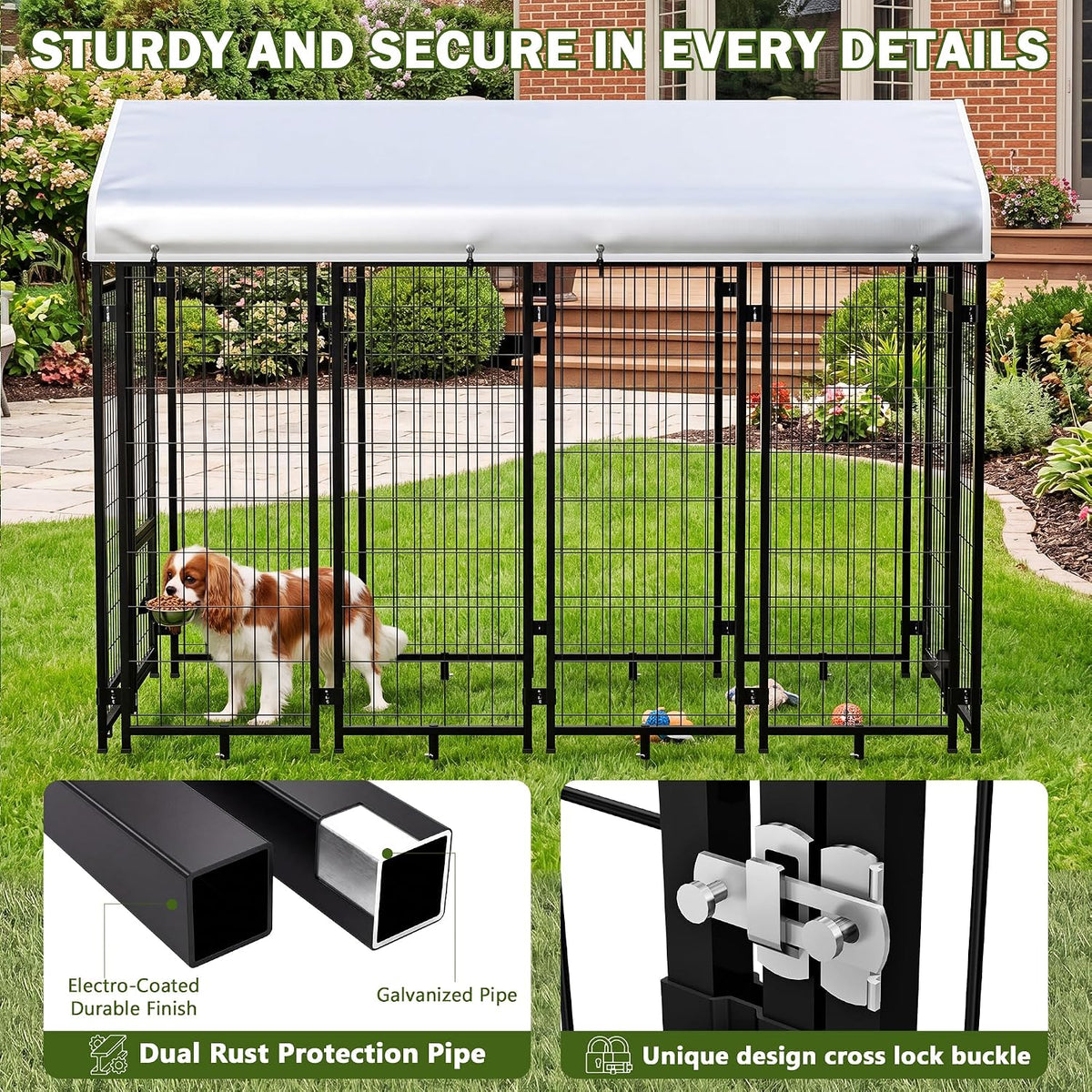 dog kennel outdoor enclosure with roof, 8x4x6 ft, close-up detail