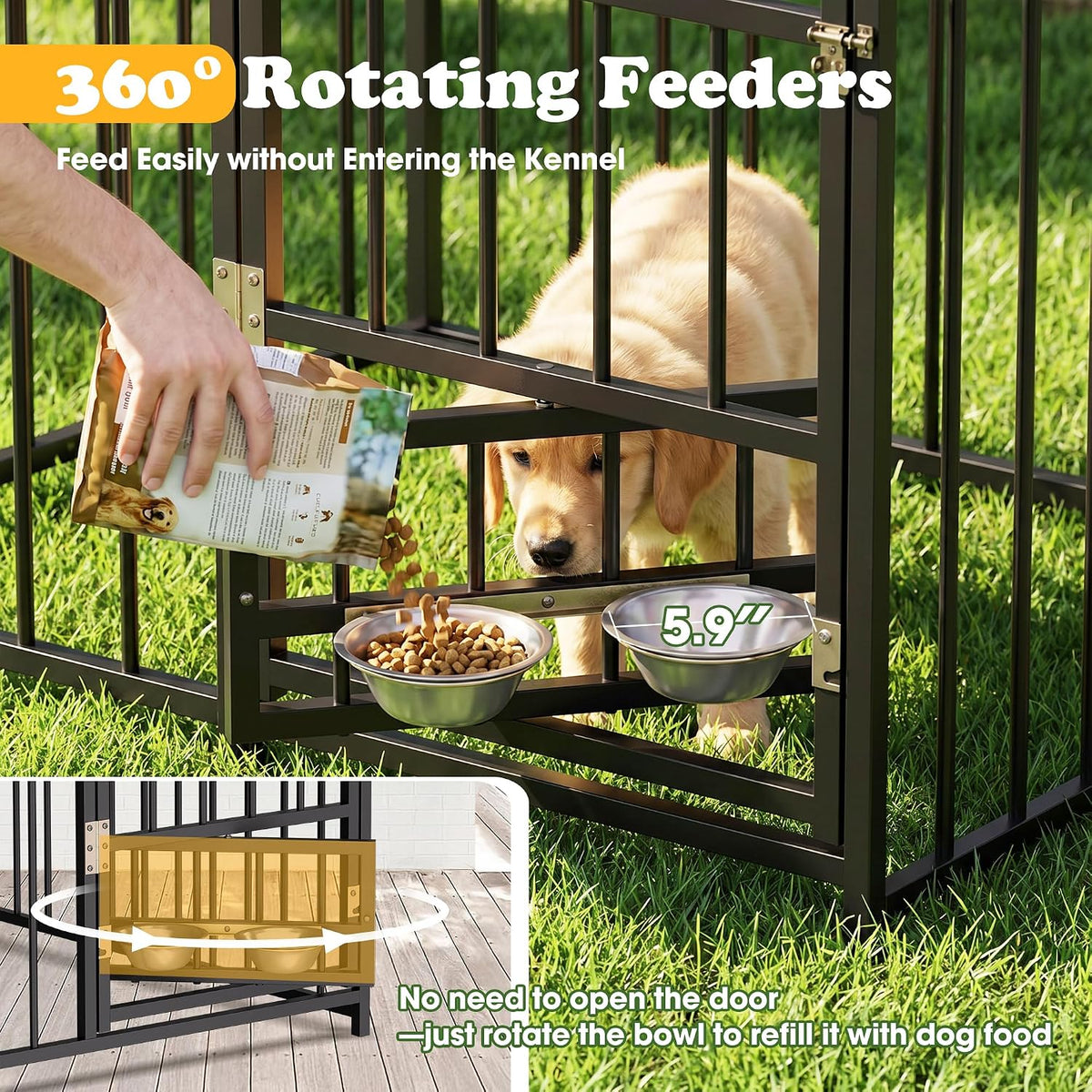 10×10×6 ft outdoor dog kennel with swivel feeder, side view
