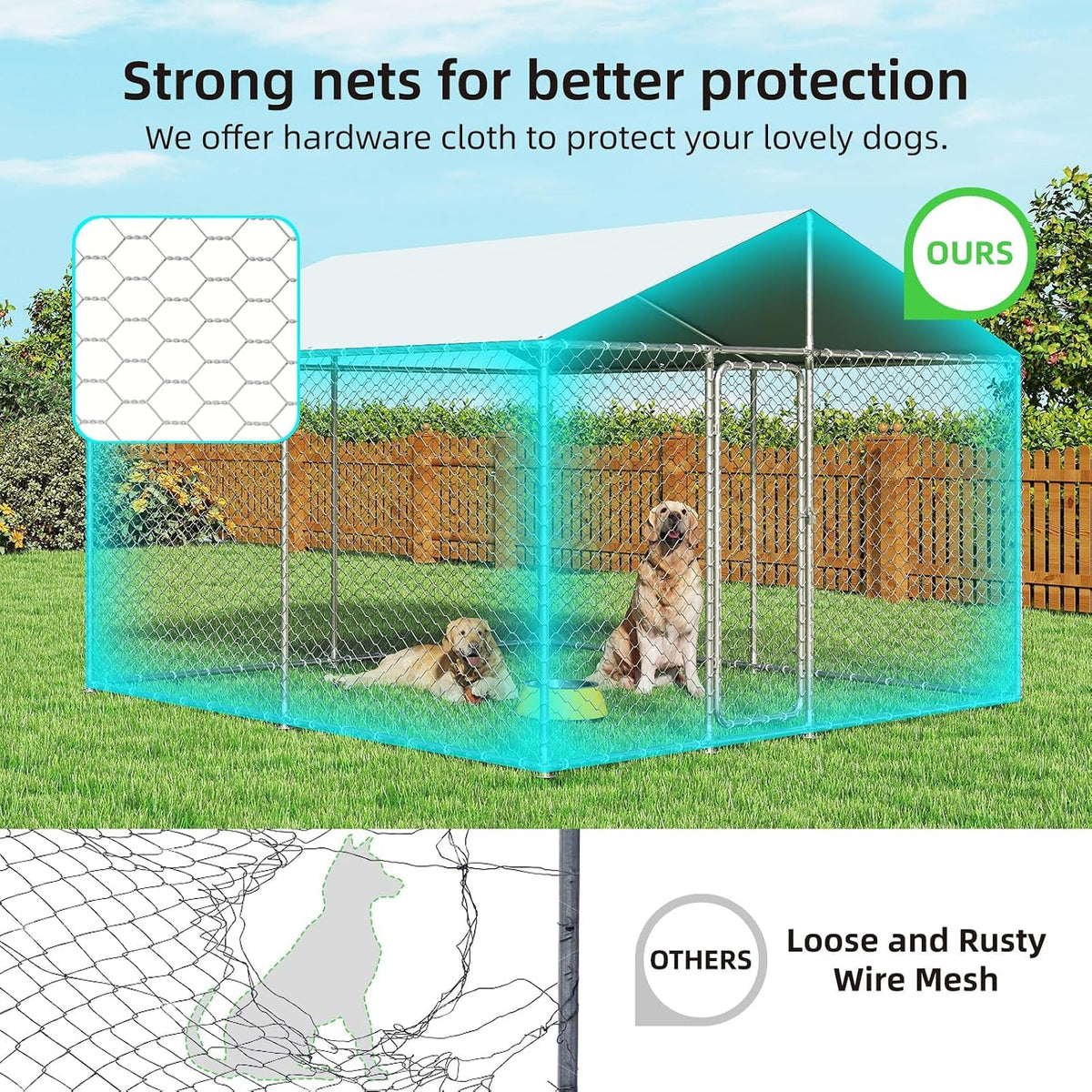 10x10 ft outdoor dog kennel, heavy duty dog, close-up detail