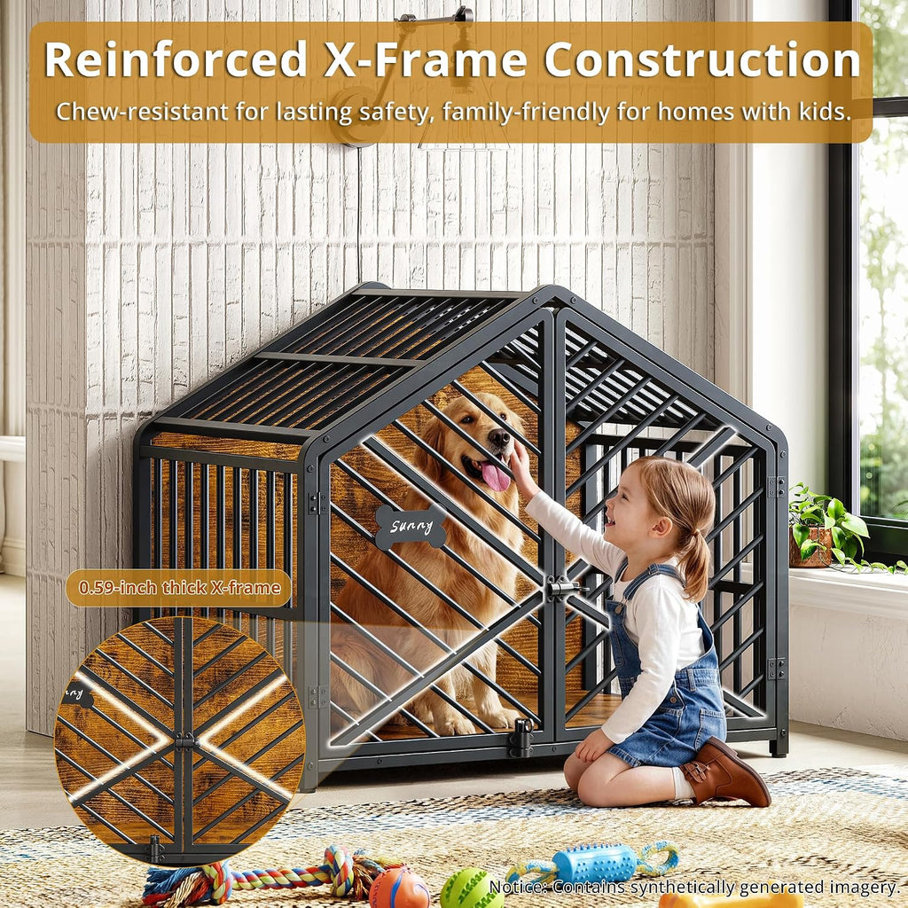 ironck 35.4" dog crate furniture with roof-shape frame, close-up detail