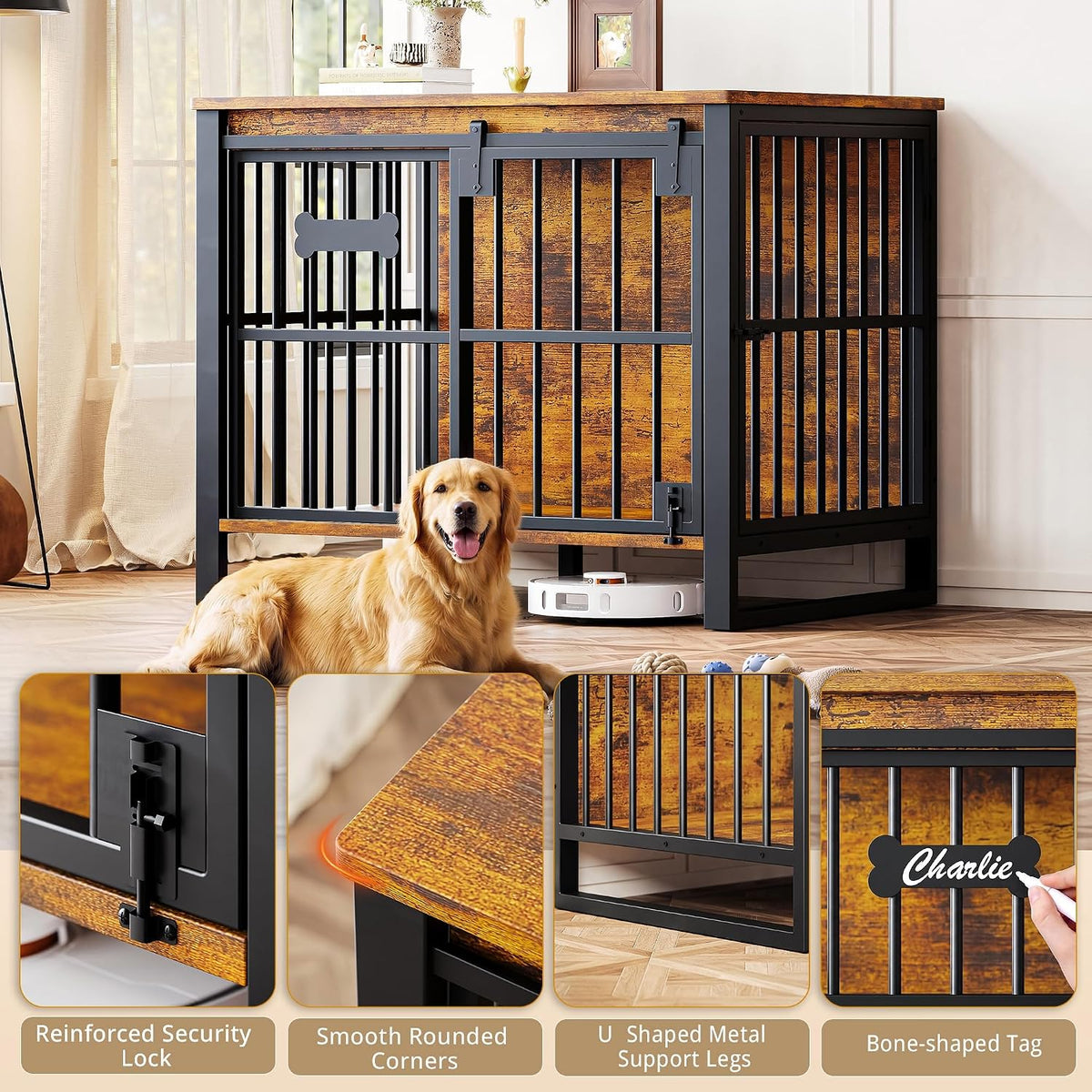 ironck 39.4" dog crate furniture with sliding door on a desk or shelf