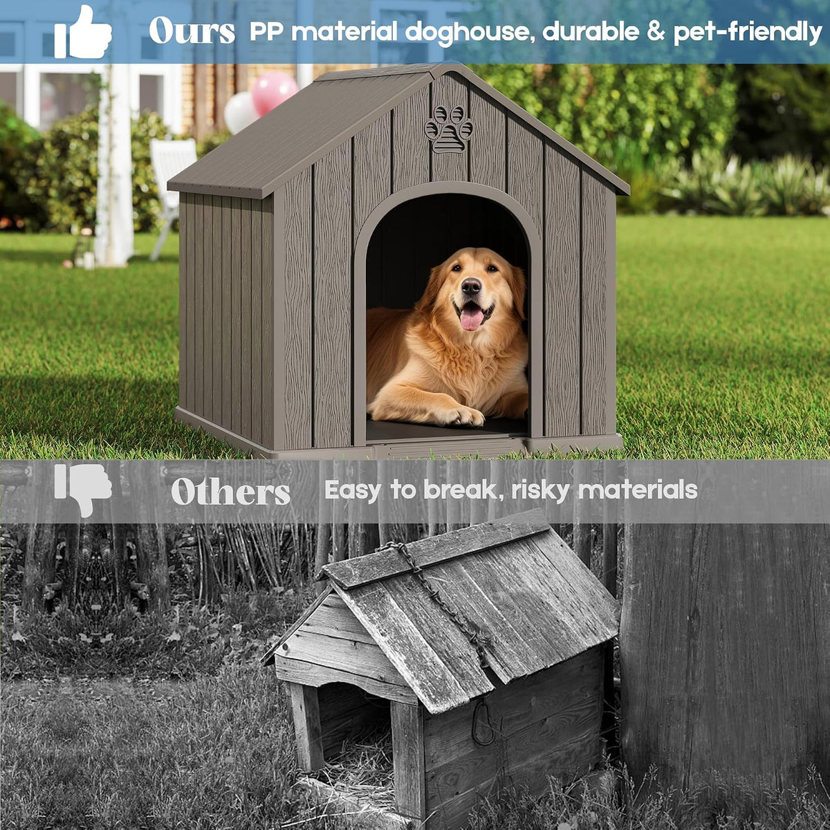 fancyango medium large dog house outdoor indoor, sturdy, side view
