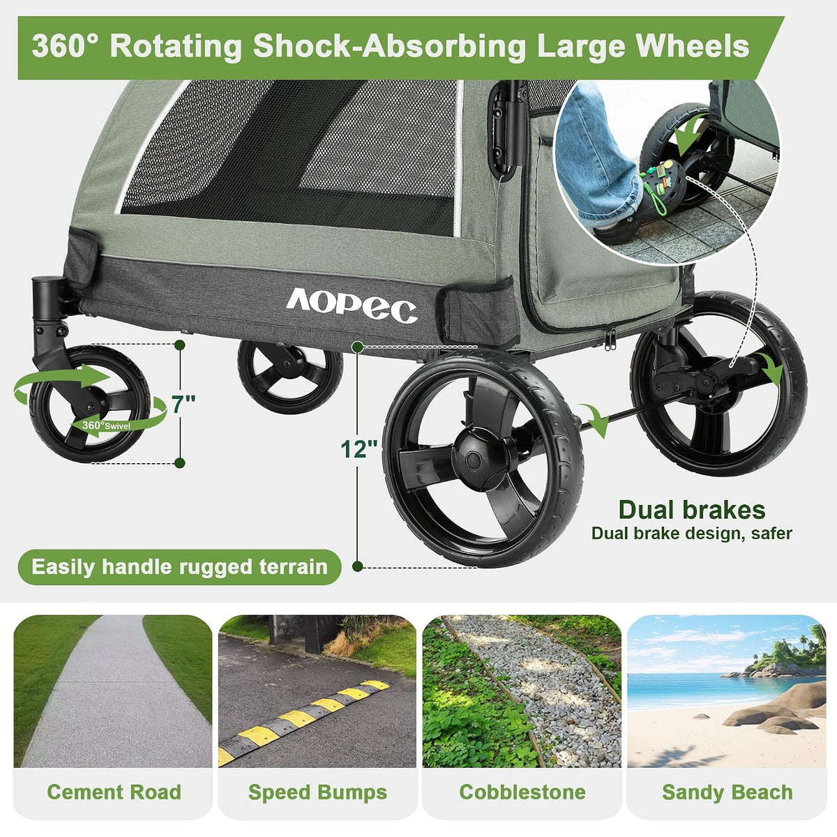 dog stroller for large & medium dogs, dual showing dimensions