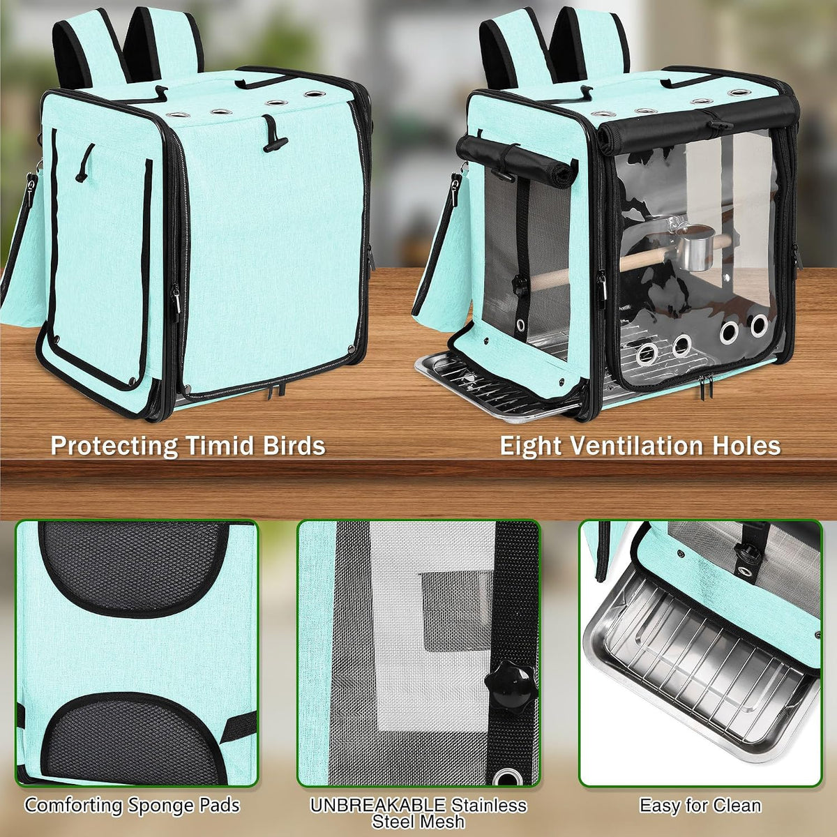 bird carrier with seat belt for car travel, side view