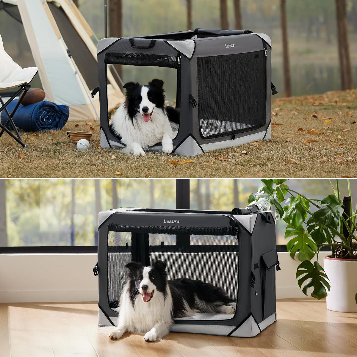 lesure portable collapsible dog crate for medium dogs shown in use