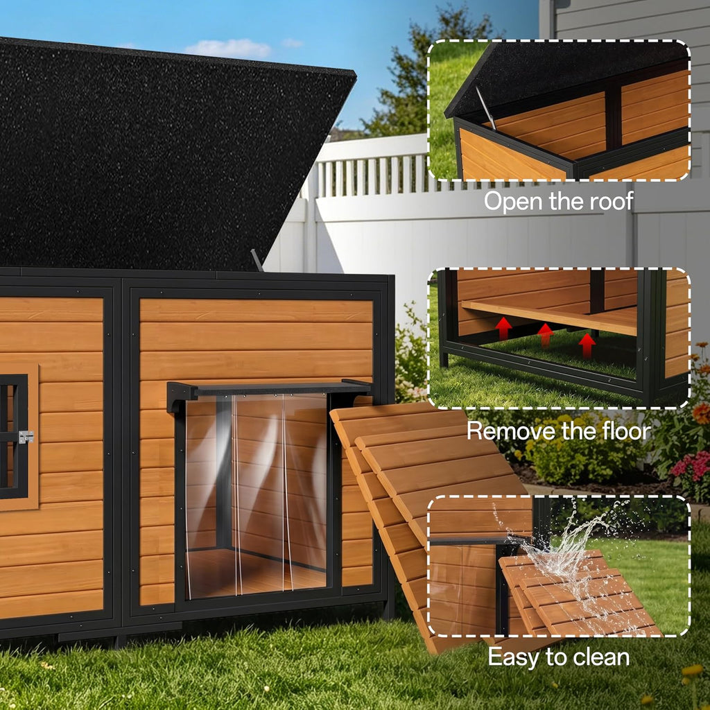 59" insulated extra large dog house, brown, side view