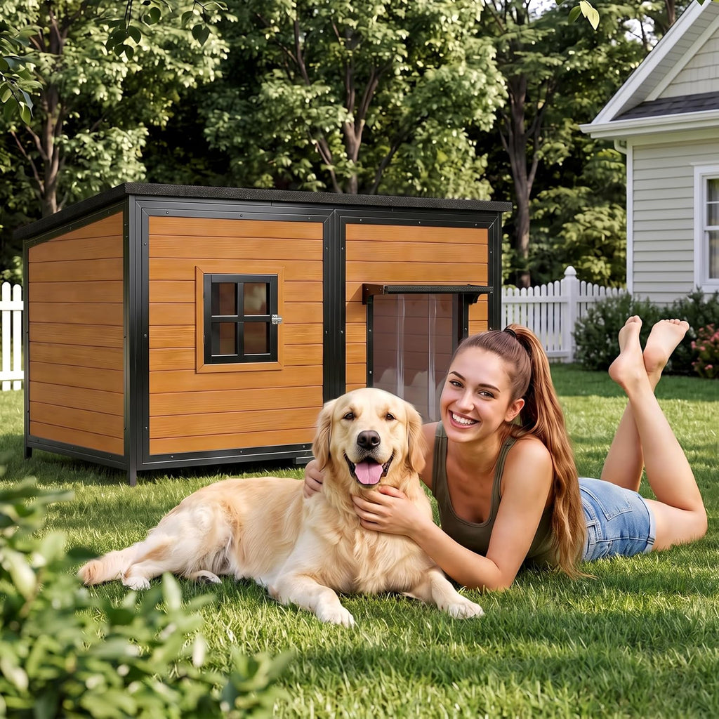 59" extra large outdoor dog house with insulated, front angle view